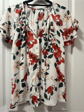 Floral Button-Front Blouse - White with Red & Green Floral